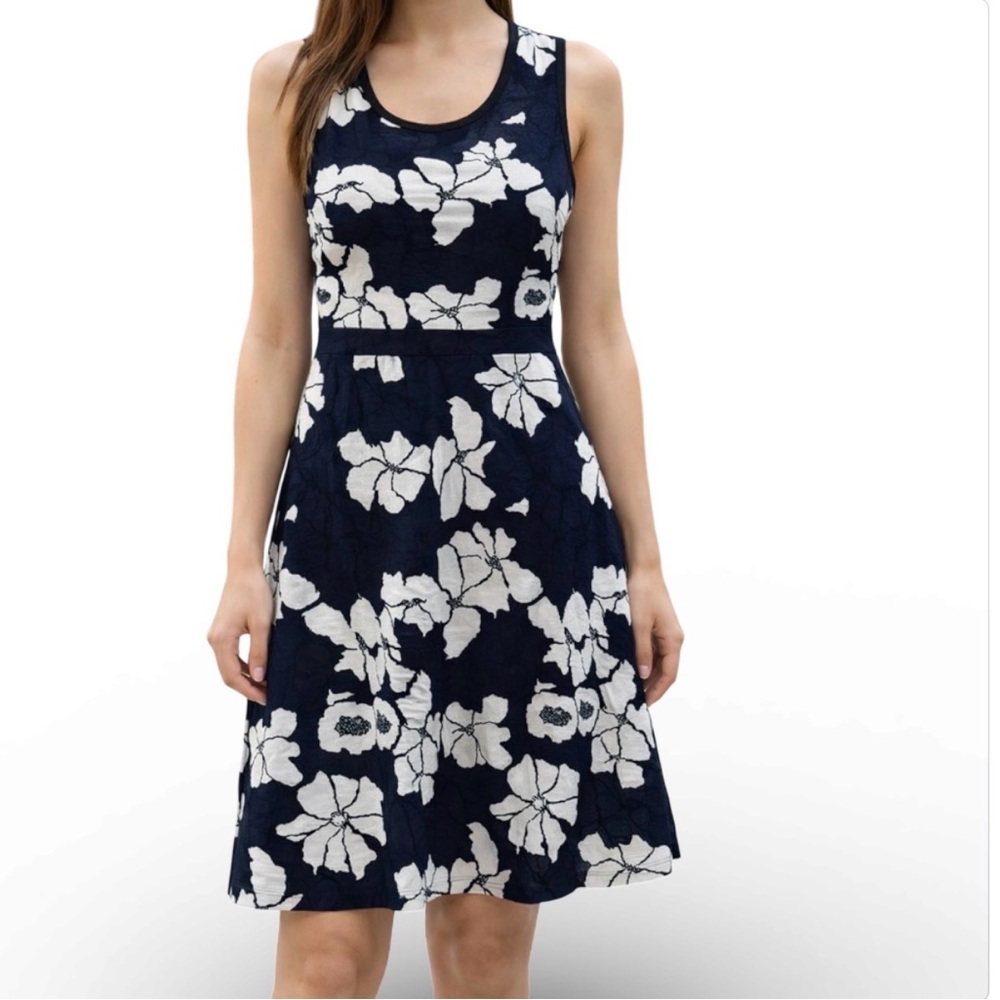 Ann Taylor Women's Sweater Dress Sleeveless Blue White Black Floral Size LP EUC